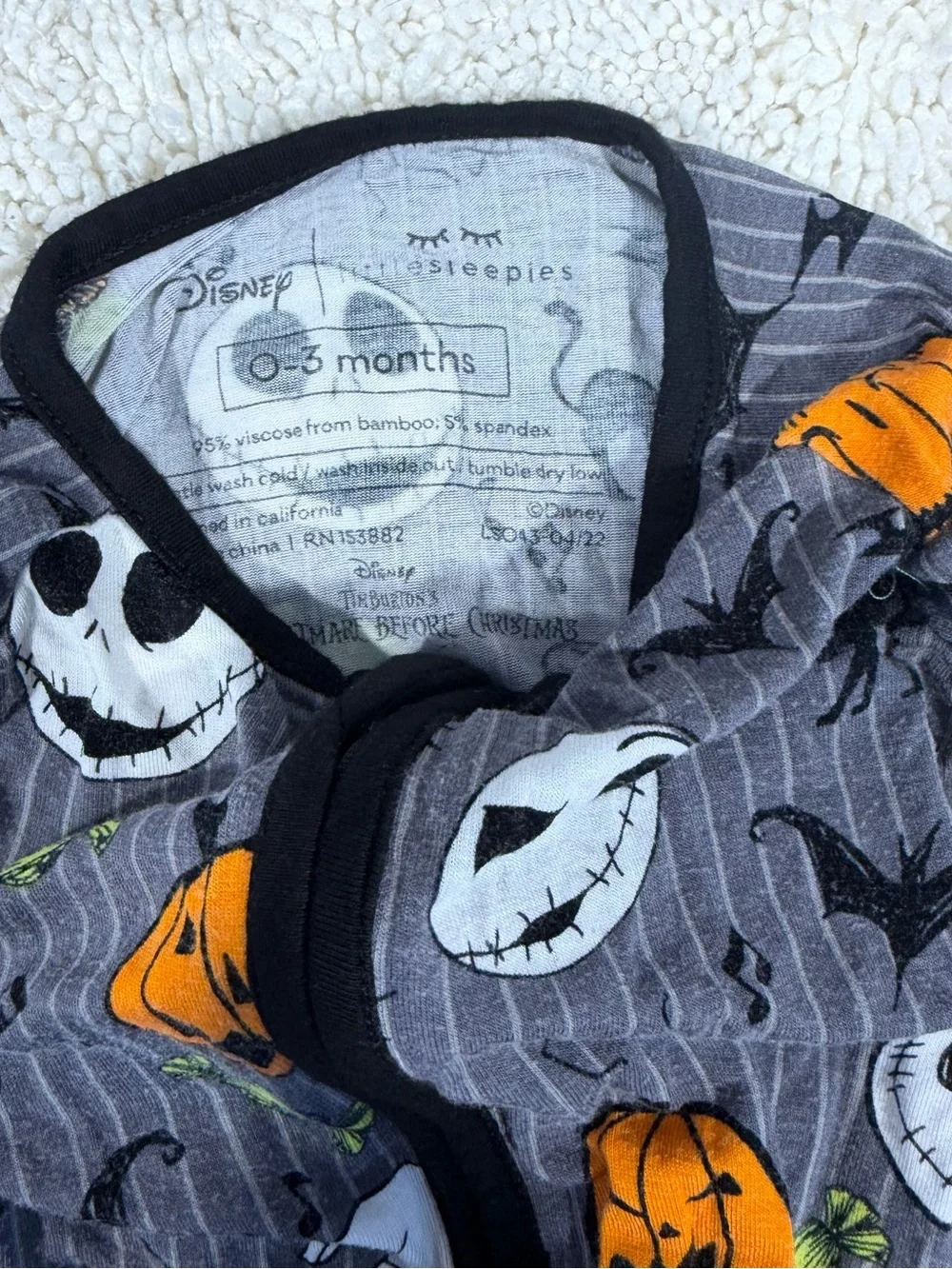 Little Sleepies Gray, Orange & Black Halloween Pumpkin Jack Skellington Footie